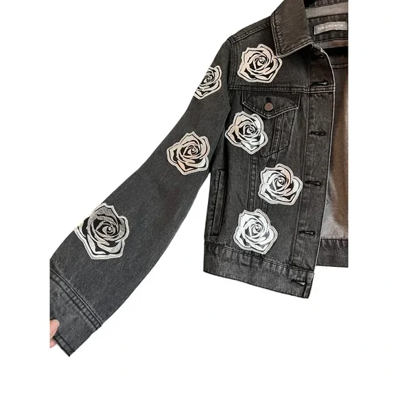 Bagatelle Denim‎ Jacket XS Gray Rose Applique Jean Trucker Coat